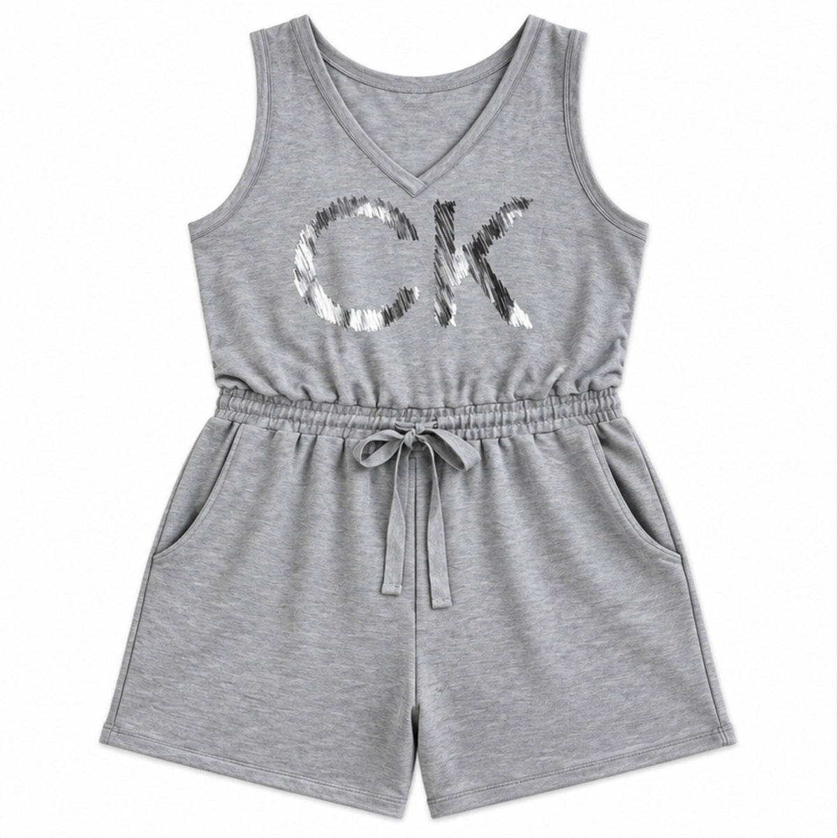 Calvin Klein gray sequin logo shorts romper size 1X front flat view