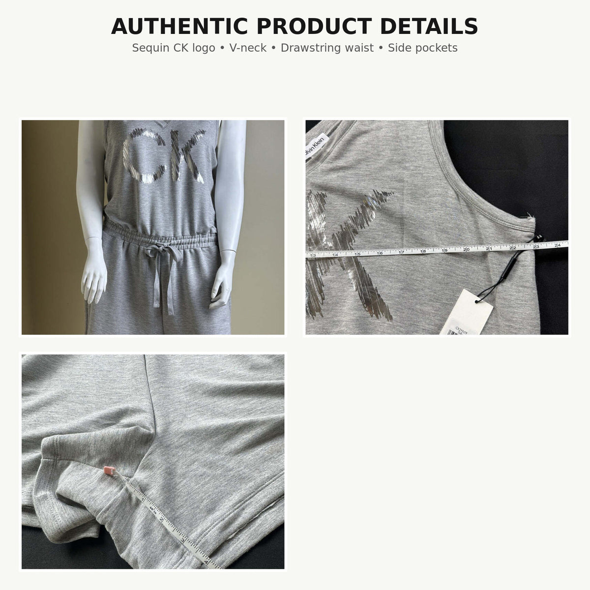 Calvin Klein romper authentic sequin logo V-neck drawstring waist pocket and inseam details