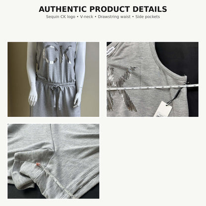 Calvin Klein romper authentic sequin logo V-neck drawstring waist pocket and inseam details