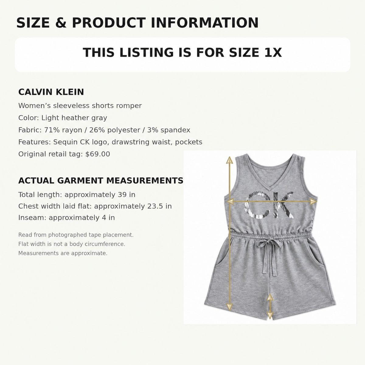 Calvin Klein romper size 1X product information with aligned garment measurement arrows