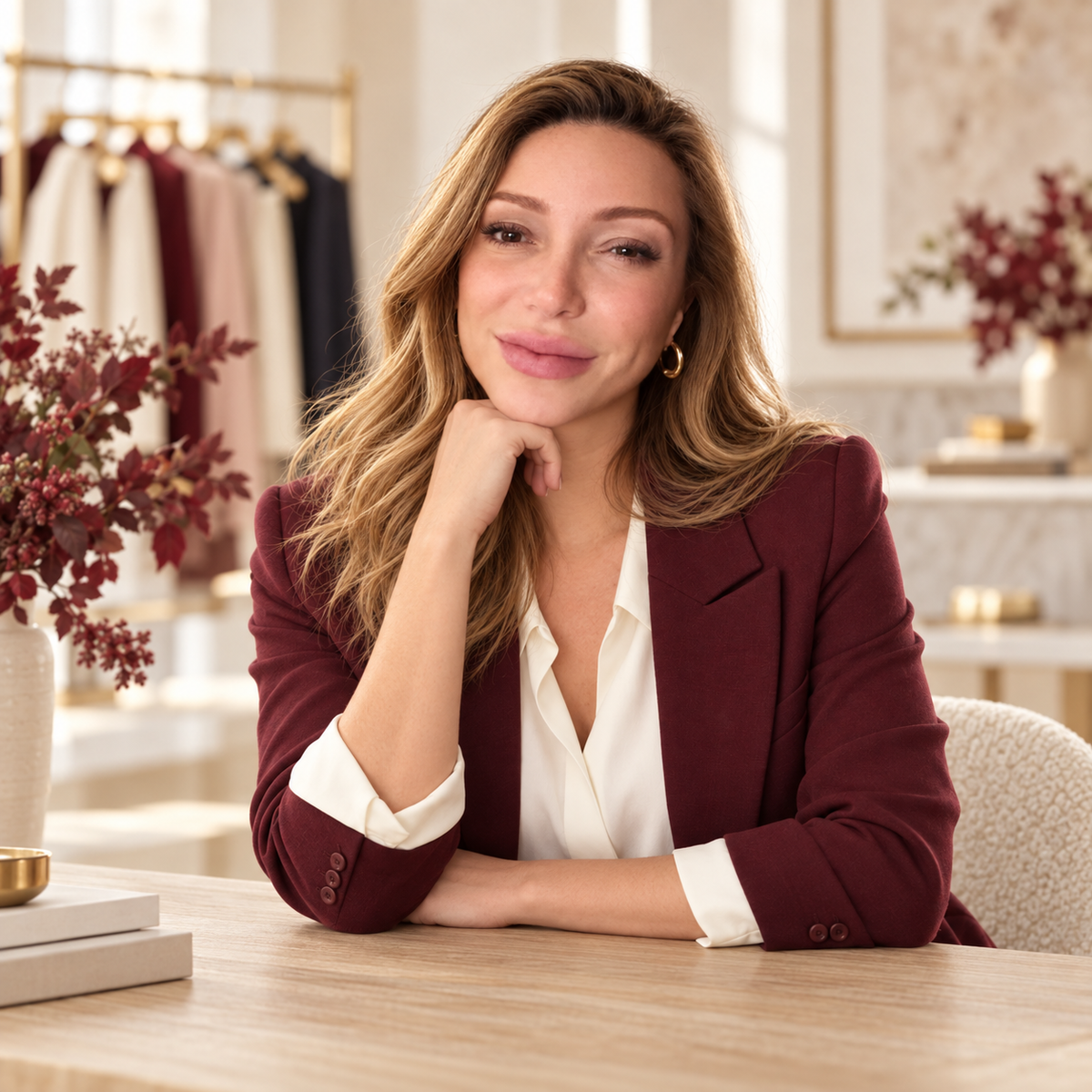 Madelyn Hall in a burgundy blazer in an autumn fashion studio