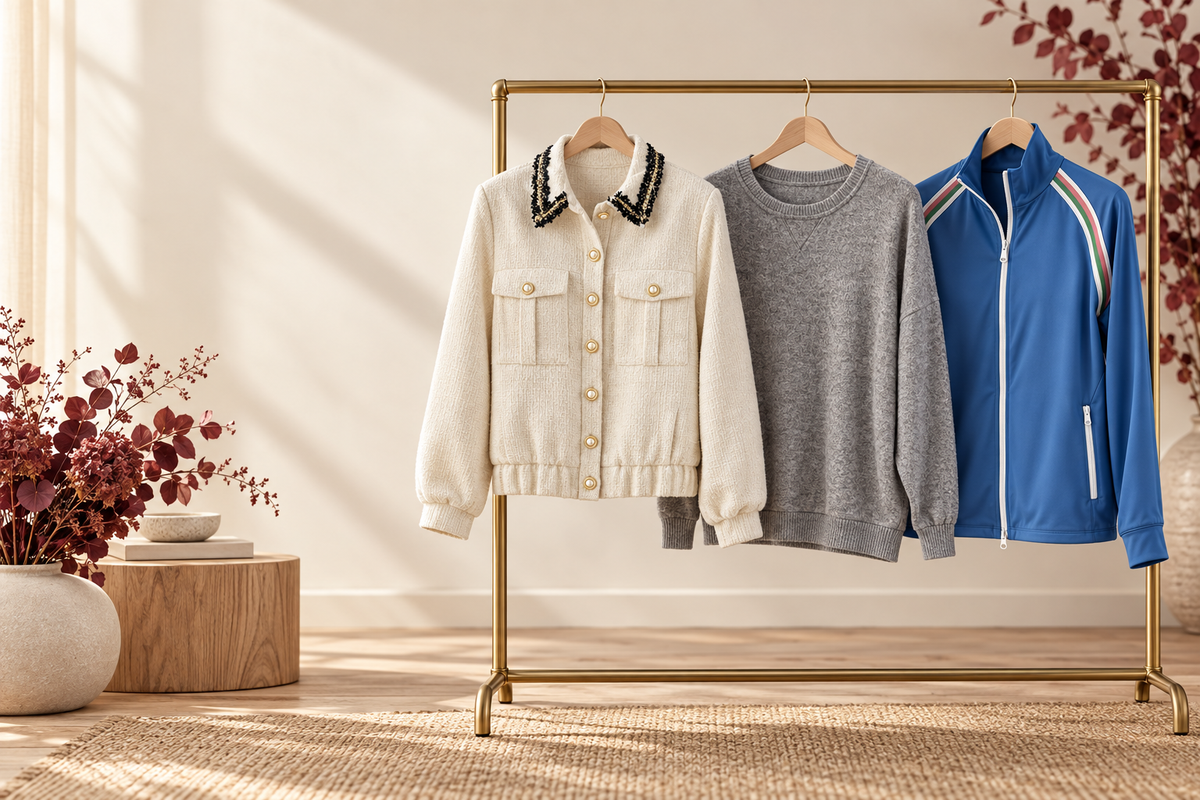 Fall clearance layers featuring cream tweed, gray knitwear and blue golf outerwear