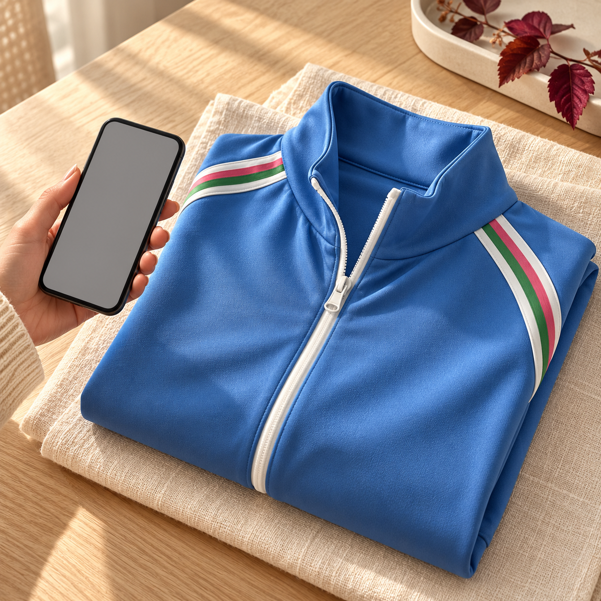 Phone beside folded blue golf jacket with striped shoulder detail