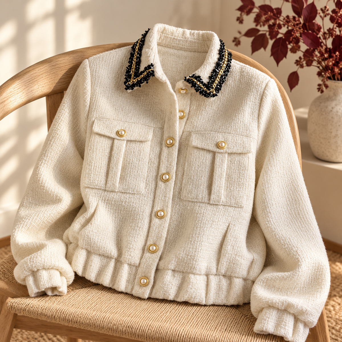 Cream tweed jacket with black and gold trim draped on an oak chair