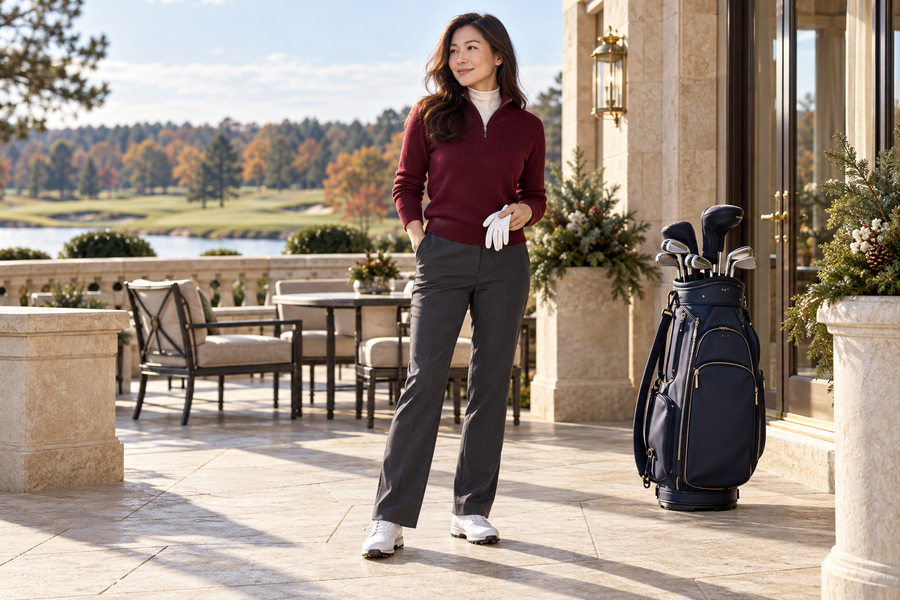 Woman golfer wearing a burgundy sweater and charcoal trousers at a clubhouse