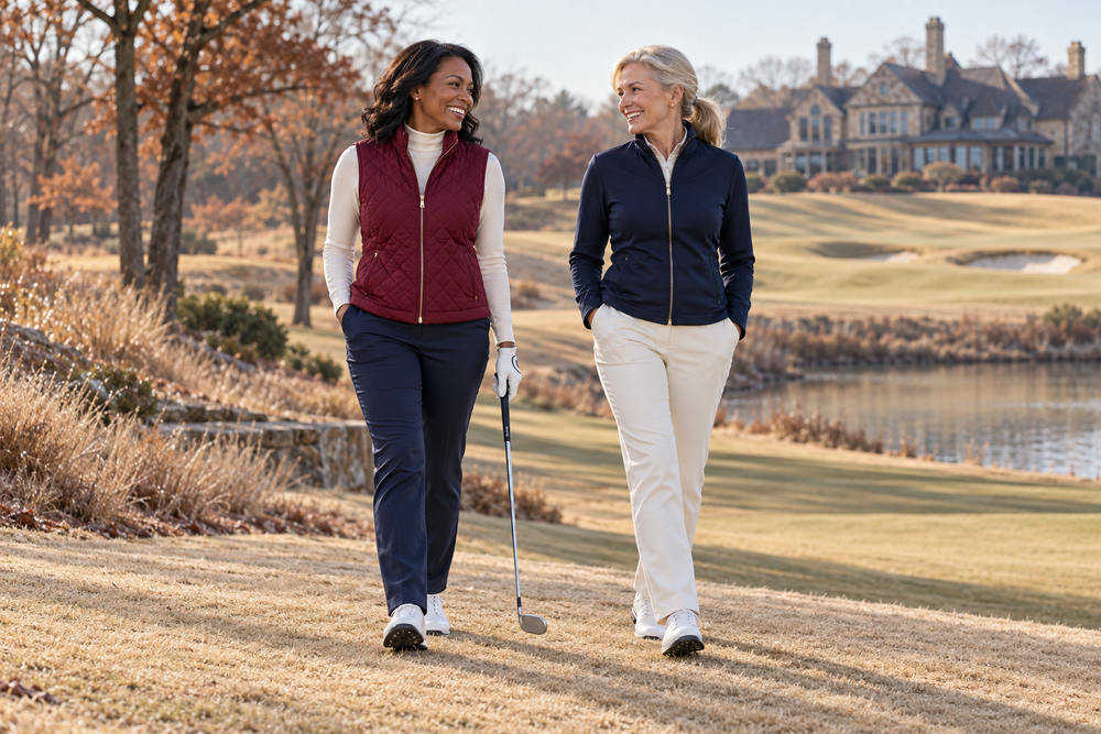 Two women golfers in burgundy and navy winter layers walking beside a fairway