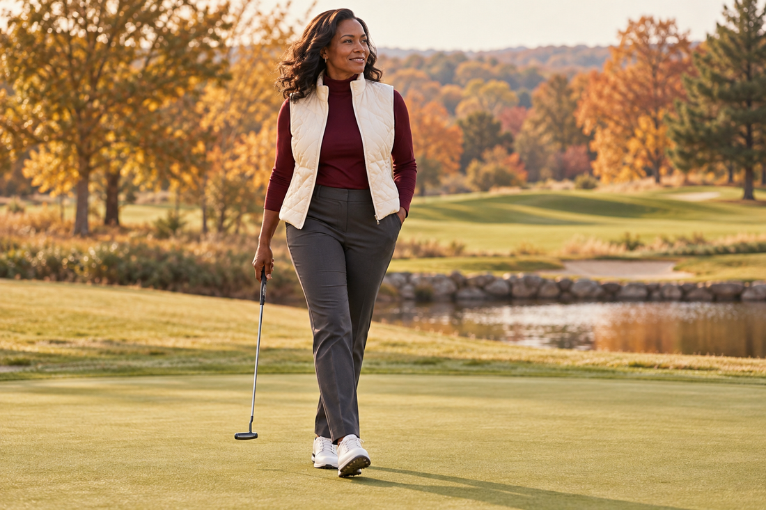 Woman golfer in a cream vest, burgundy top and charcoal trousers beside an autumn putting green