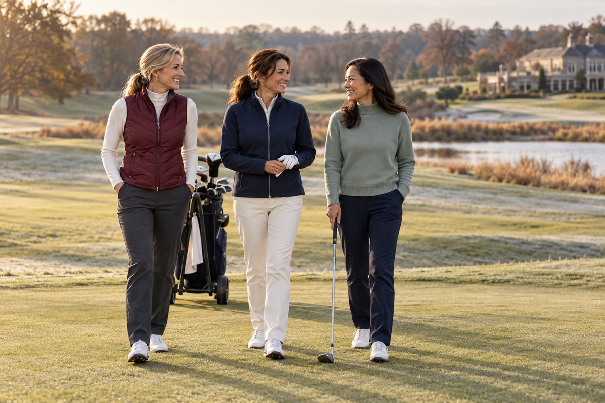 Three women golfers wearing a burgundy quilted vest, navy jacket and sage sweater on a cool-weather golf course