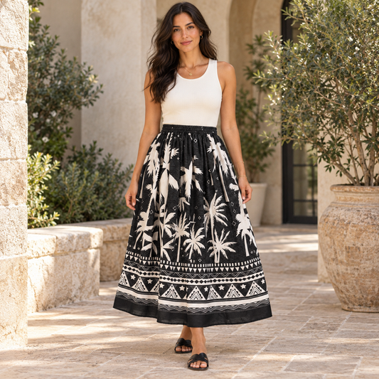 Gypsie Blu black ivory palm print maxi skirt size L front model view