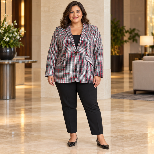 Women’s black white red houndstooth blazer size 2XL front model view