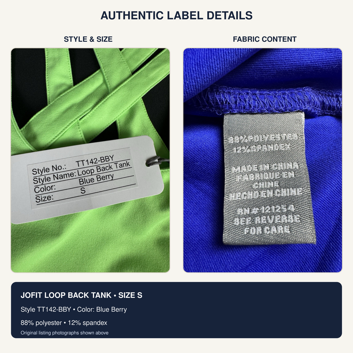 Authentic JOFIT Loop Back Tank style size and fabric label details