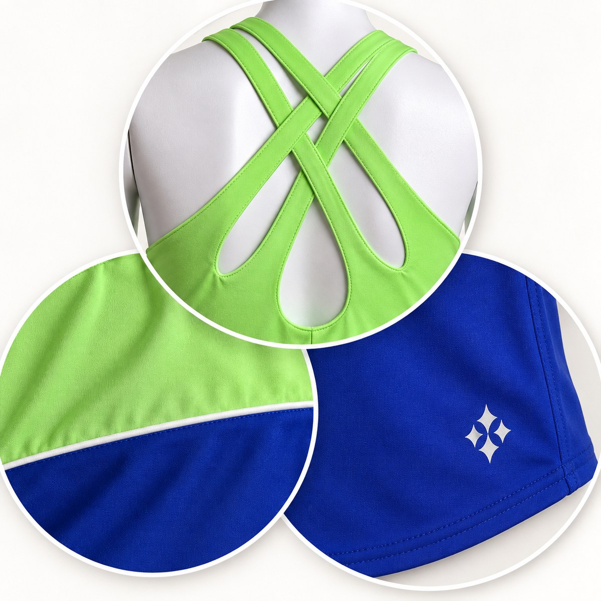 JOFIT Loop Back tank authentic construction details including straps piping emblem and hem
