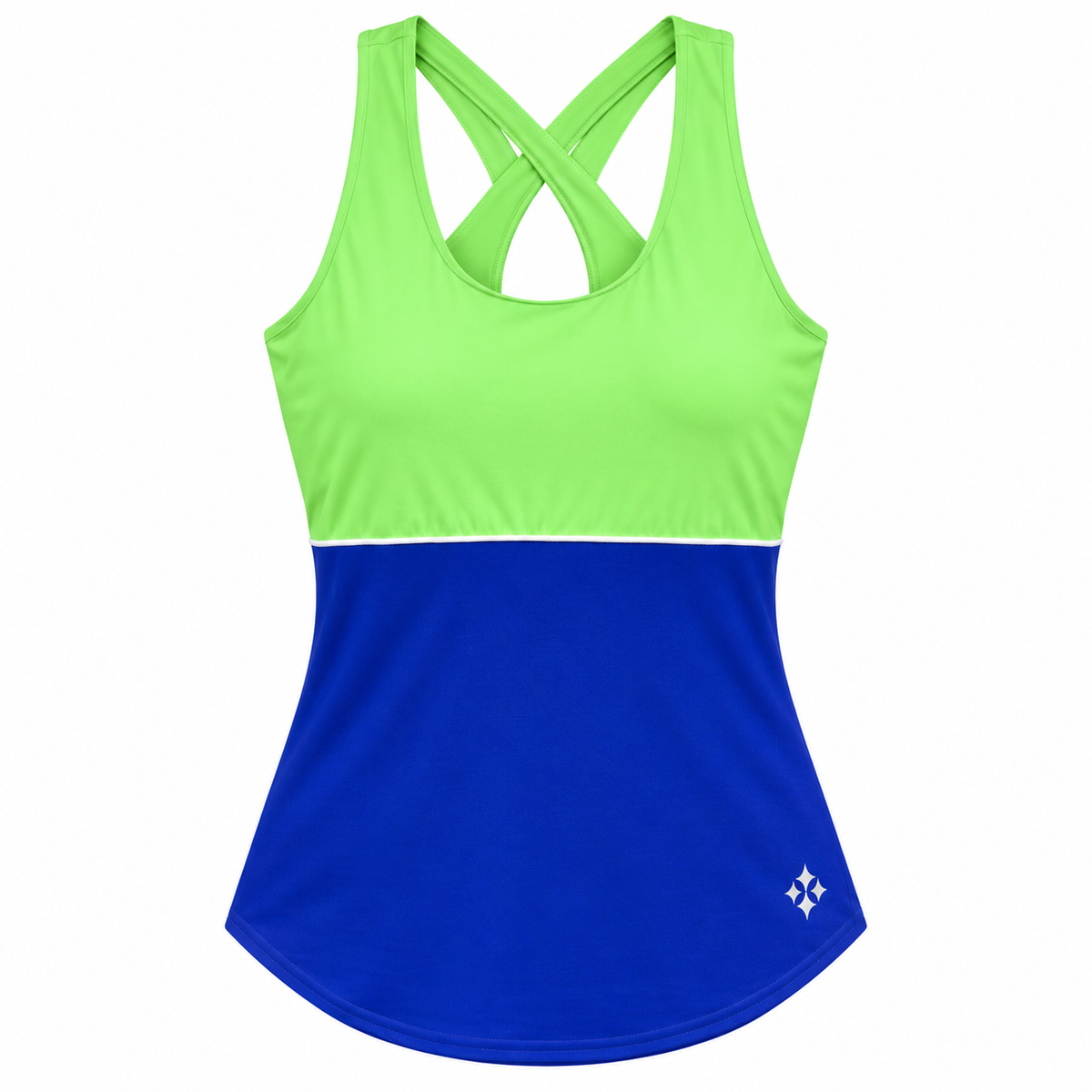 JOFIT women's Loop Back golf tank size S front flat view in lime green and royal blue