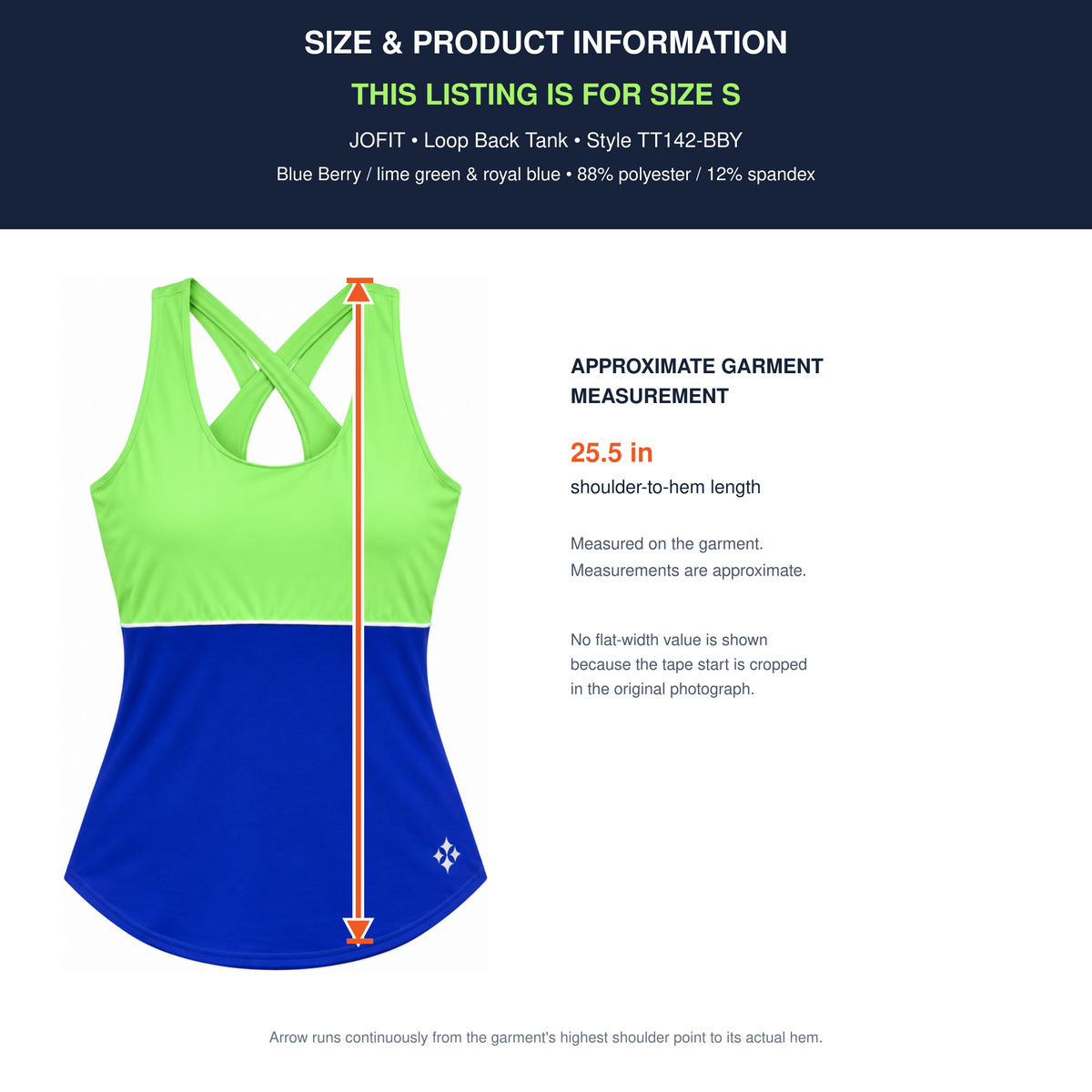 JOFIT Loop Back Tank size S product information and approximate 25.5 inch shoulder-to-hem measurement