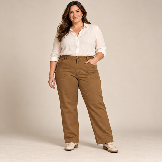 Lee women's acorn brown Utility Straight pants size 22M front model view