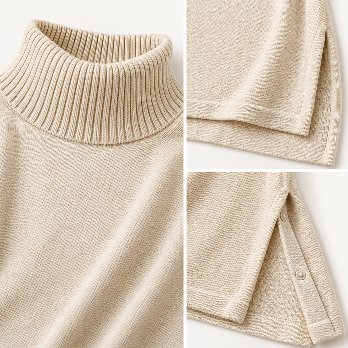 LeverWear Blake beige poncho ribbed collar side snaps and knit details