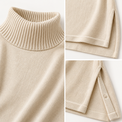 LeverWear Blake beige poncho ribbed collar side snaps and knit details