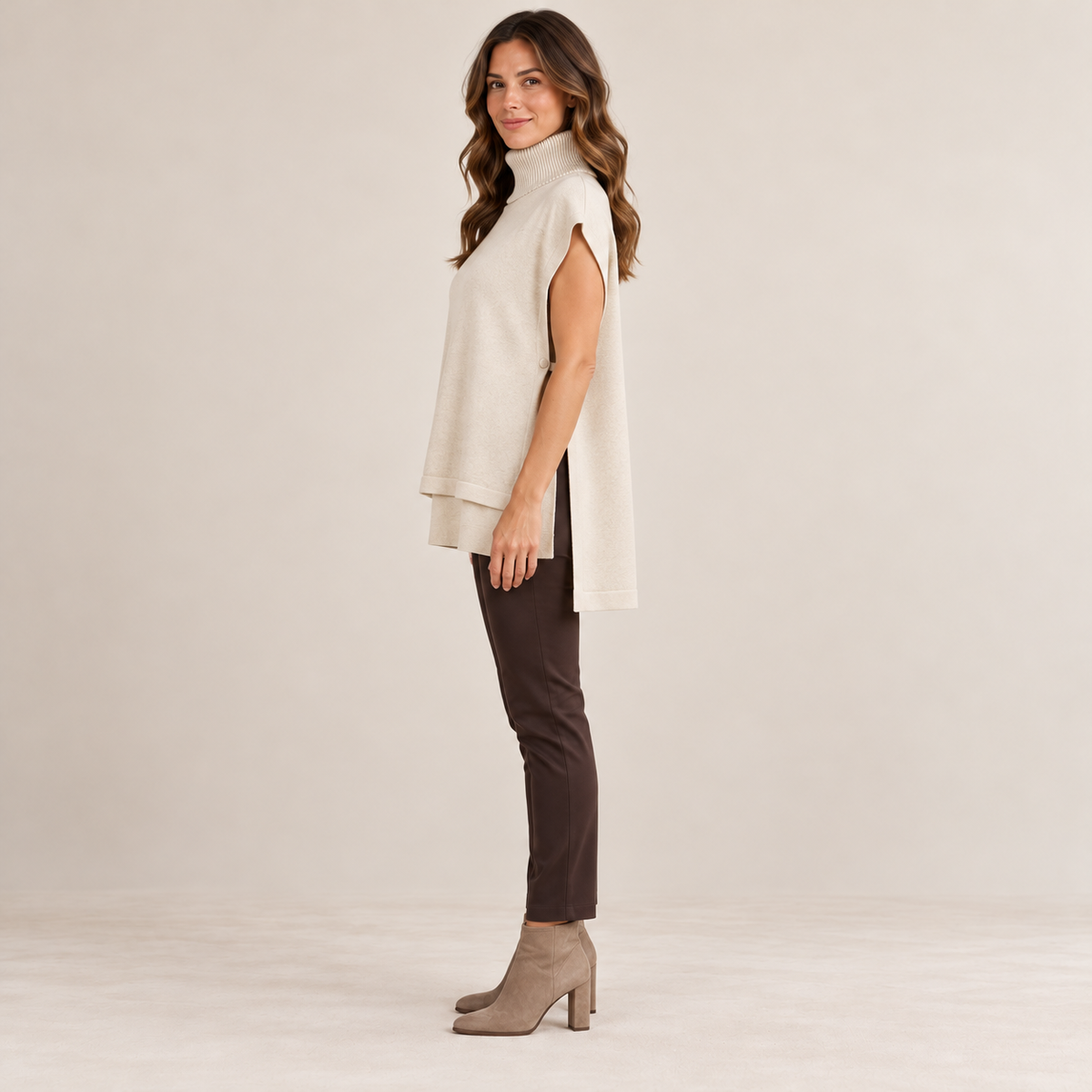 LeverWear Blake beige poncho size L XL side model view