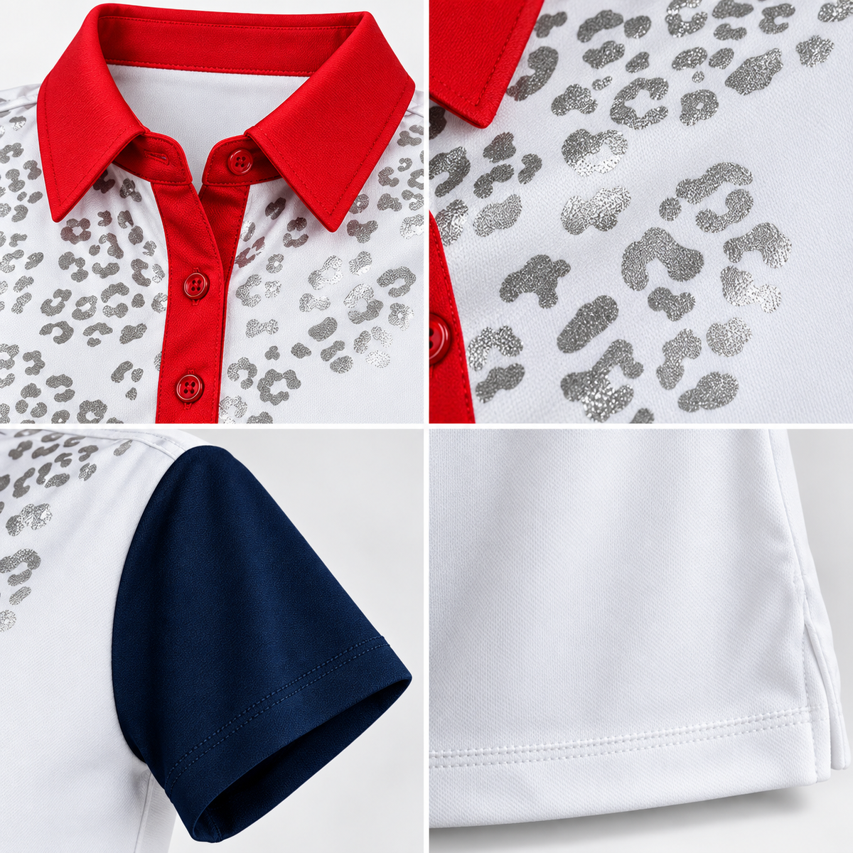 Monterey Club golf polo red collar metallic silver print navy sleeve and hem details