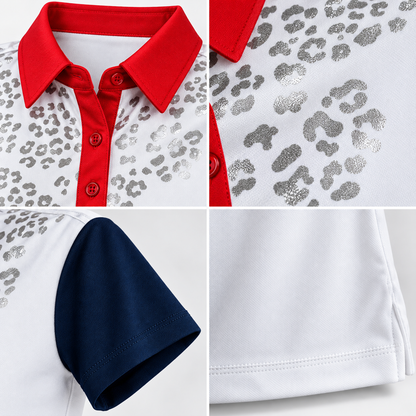 Monterey Club golf polo red collar metallic silver print navy sleeve and hem details