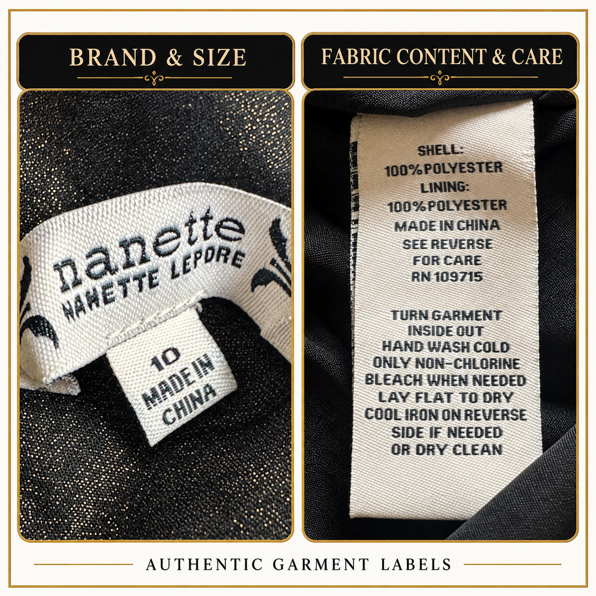 Authentic Nanette Lepore size 10 brand fabric and care labels