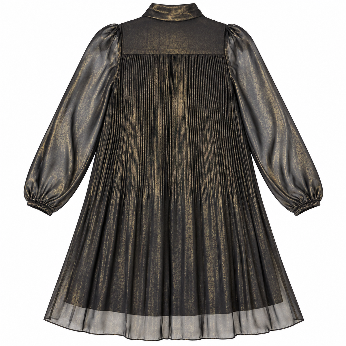 Nanette Lepore black and gold pleated tie-neck dress size 10 back flat view