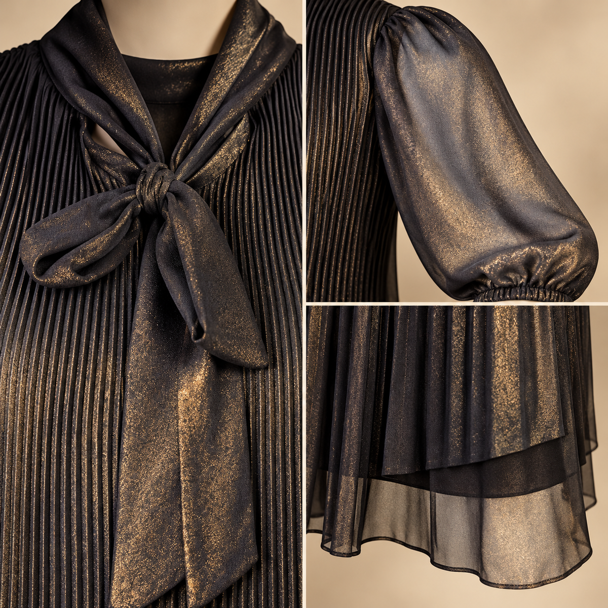 Nanette Lepore dress pleats tie neck sheer sleeves and layered hem details