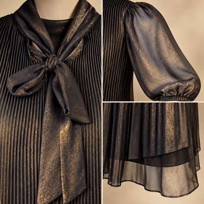 Nanette Lepore dress pleats tie neck sheer sleeves and layered hem details