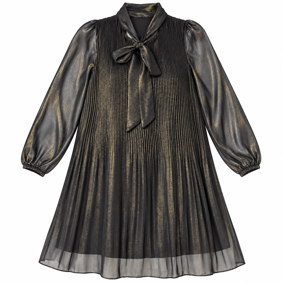 Nanette Lepore black and gold pleated tie-neck dress size 10 front flat view