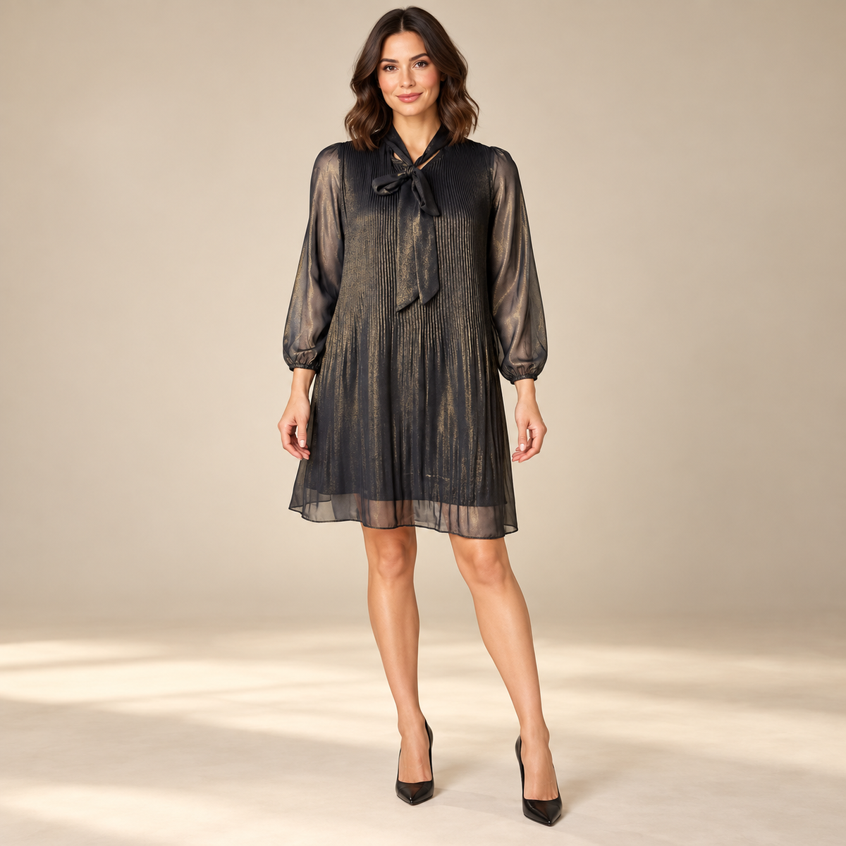 Nanette Lepore black and gold pleated tie-neck dress size 10 front model view
