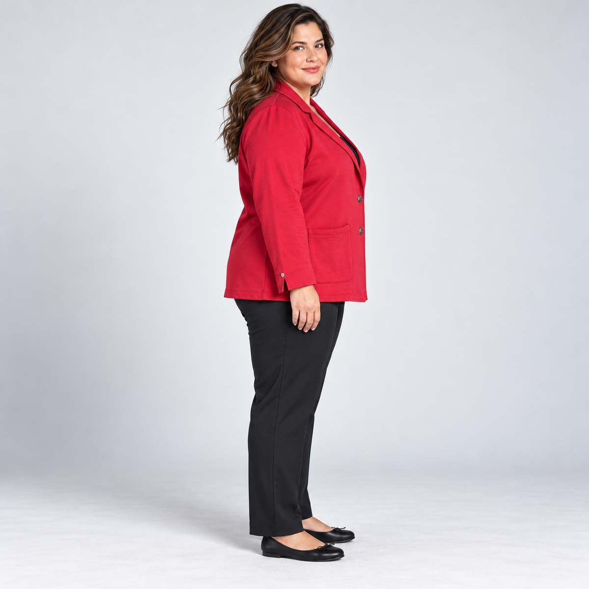 Nautica Jeans women's vivid red knit blazer size 3X side model view