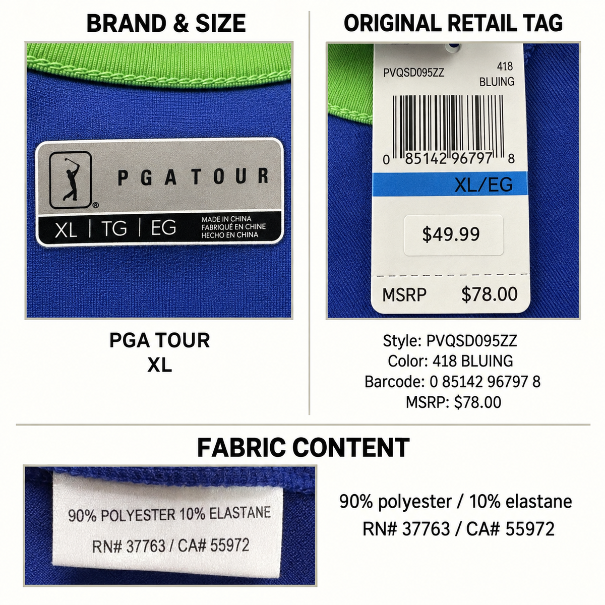 Authentic PGA Tour dress size XL retail and fabric tag information