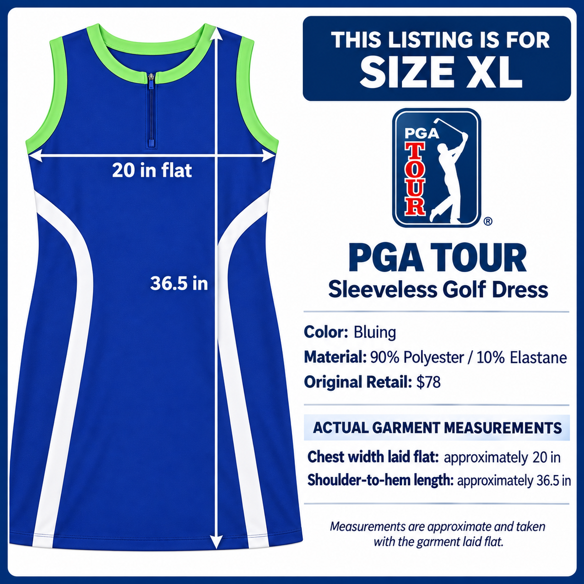 PGA Tour blue golf dress size XL product information and actual garment measurements