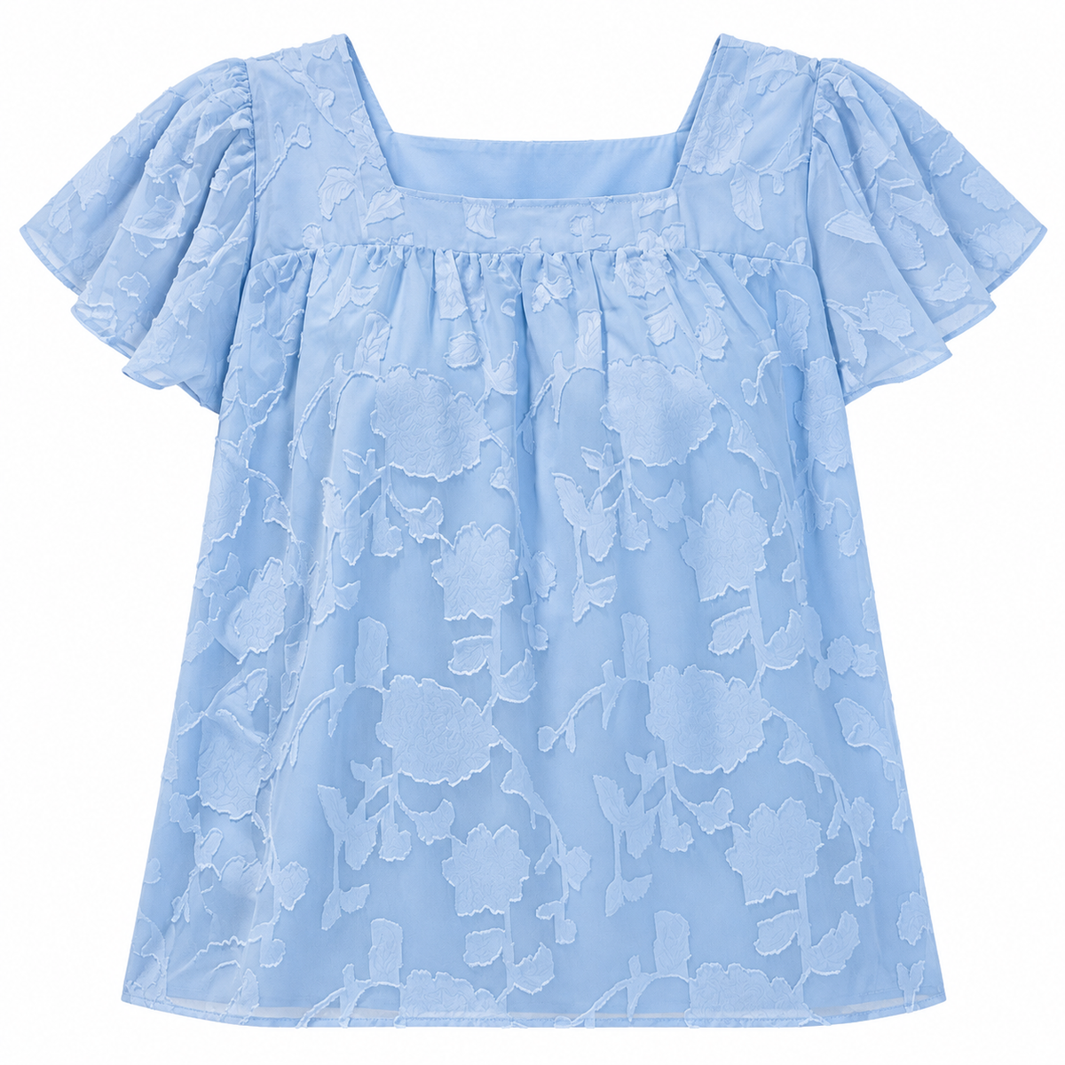 Women’s powder blue floral-textured square-neck blouse size 2XL front flat lay