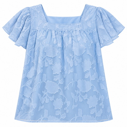 Women’s powder blue floral-textured square-neck blouse size 2XL front flat lay