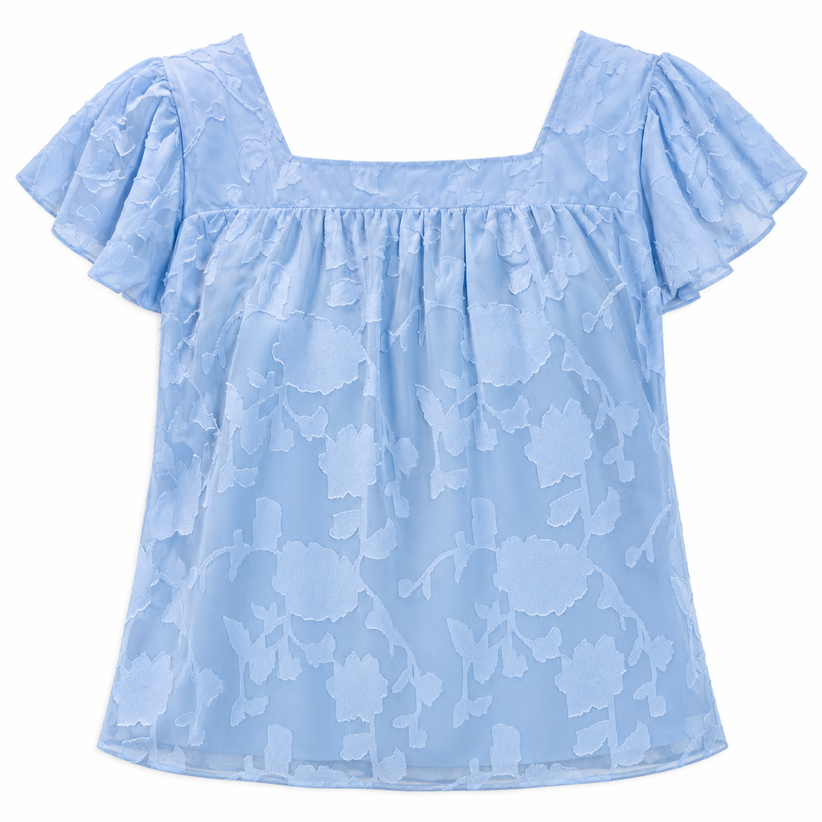 Women’s powder blue floral-textured square-neck blouse size 2XL back flat lay