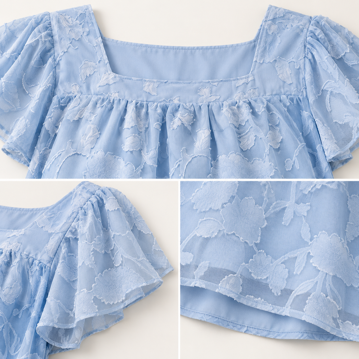Powder blue blouse square neckline flutter sleeve floral texture and lined hem details