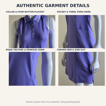 PUMA lavender polo golf dress authentic collar pocket texture and hem details