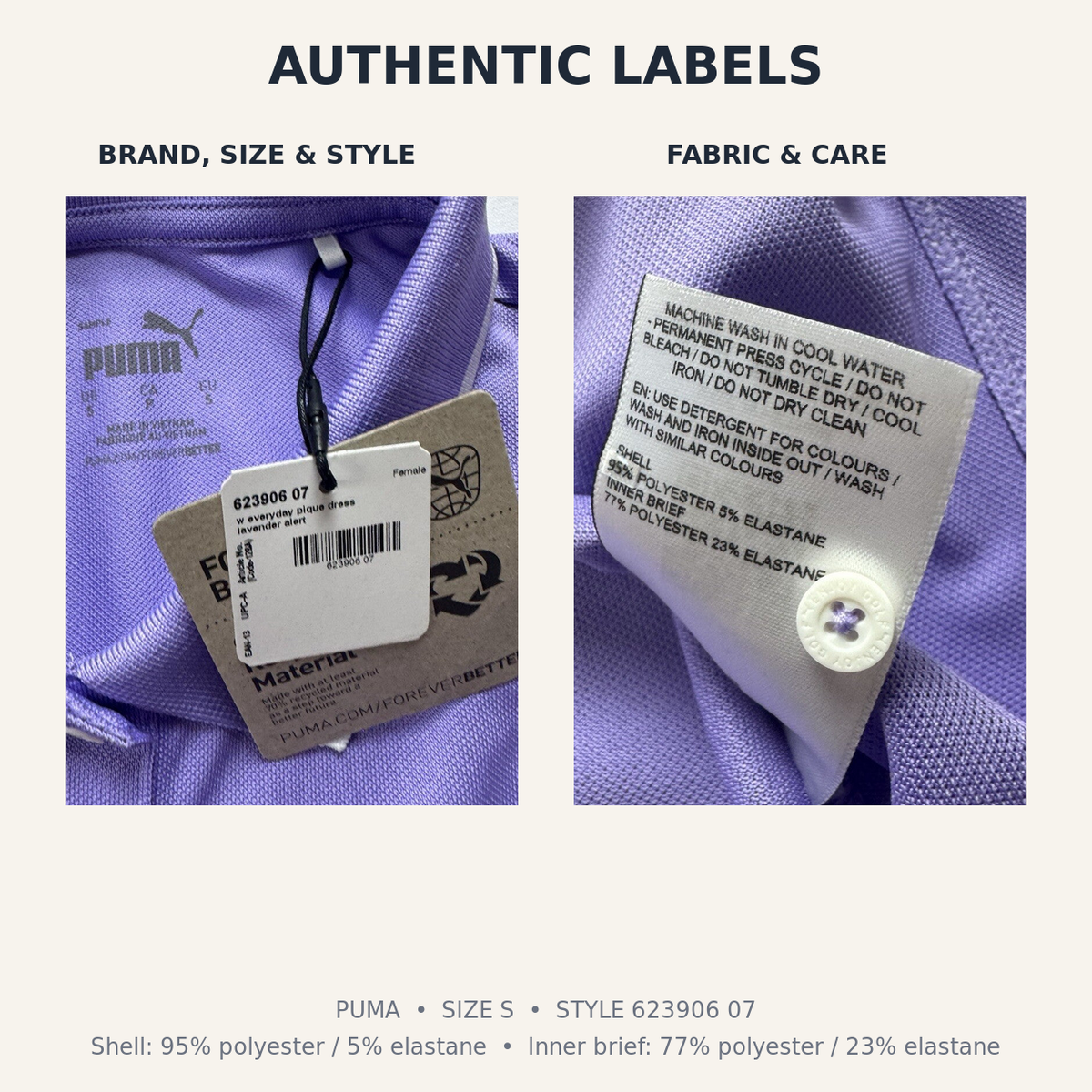 PUMA lavender polo golf dress authentic brand size fabric and care labels