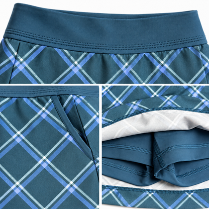 PUMA plaid golf skort waistband pockets and built-in shorts details