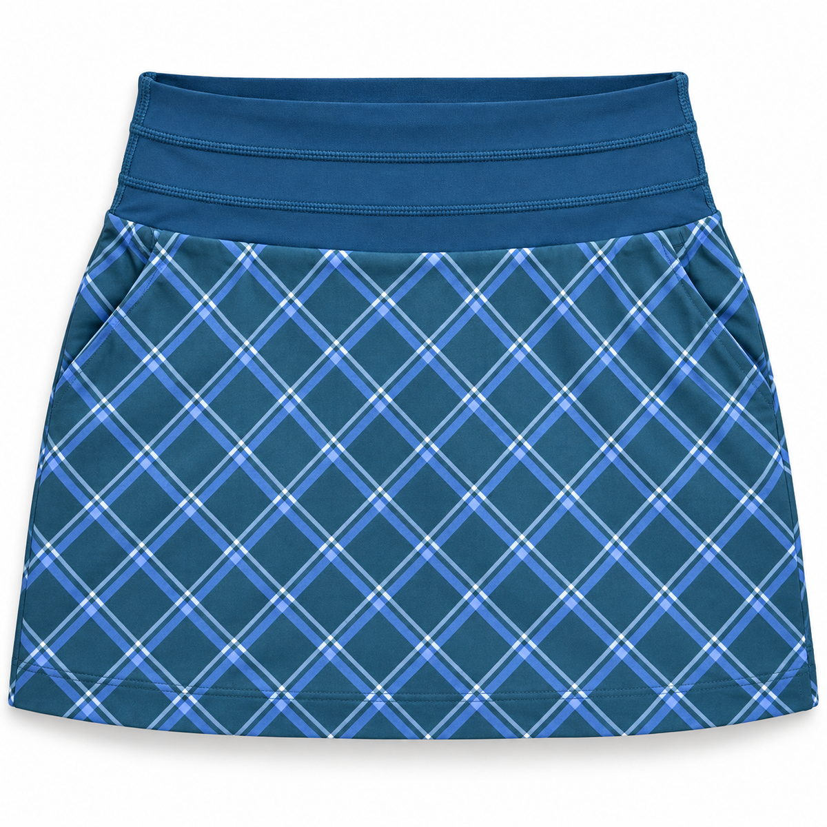 PUMA teal-blue plaid golf skort size S front flat lay
