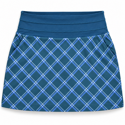 PUMA teal-blue plaid golf skort size S front flat lay