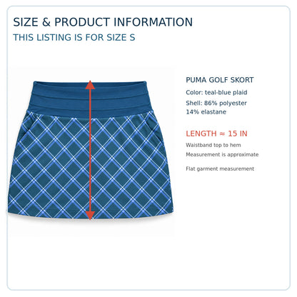 PUMA plaid golf skort size S product information with approximate 15 inch length