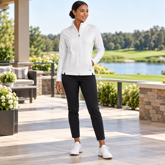 PUMA women’s white golf jacket size S front model view