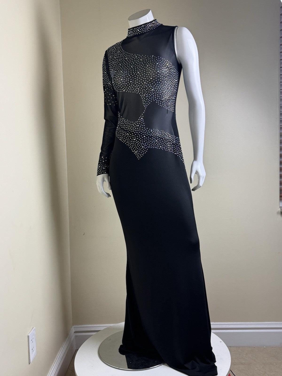 Rhinestone Maxi Dress Sheer Ball Gown Mesh Black Bodycon Sz XL.  (B.147)