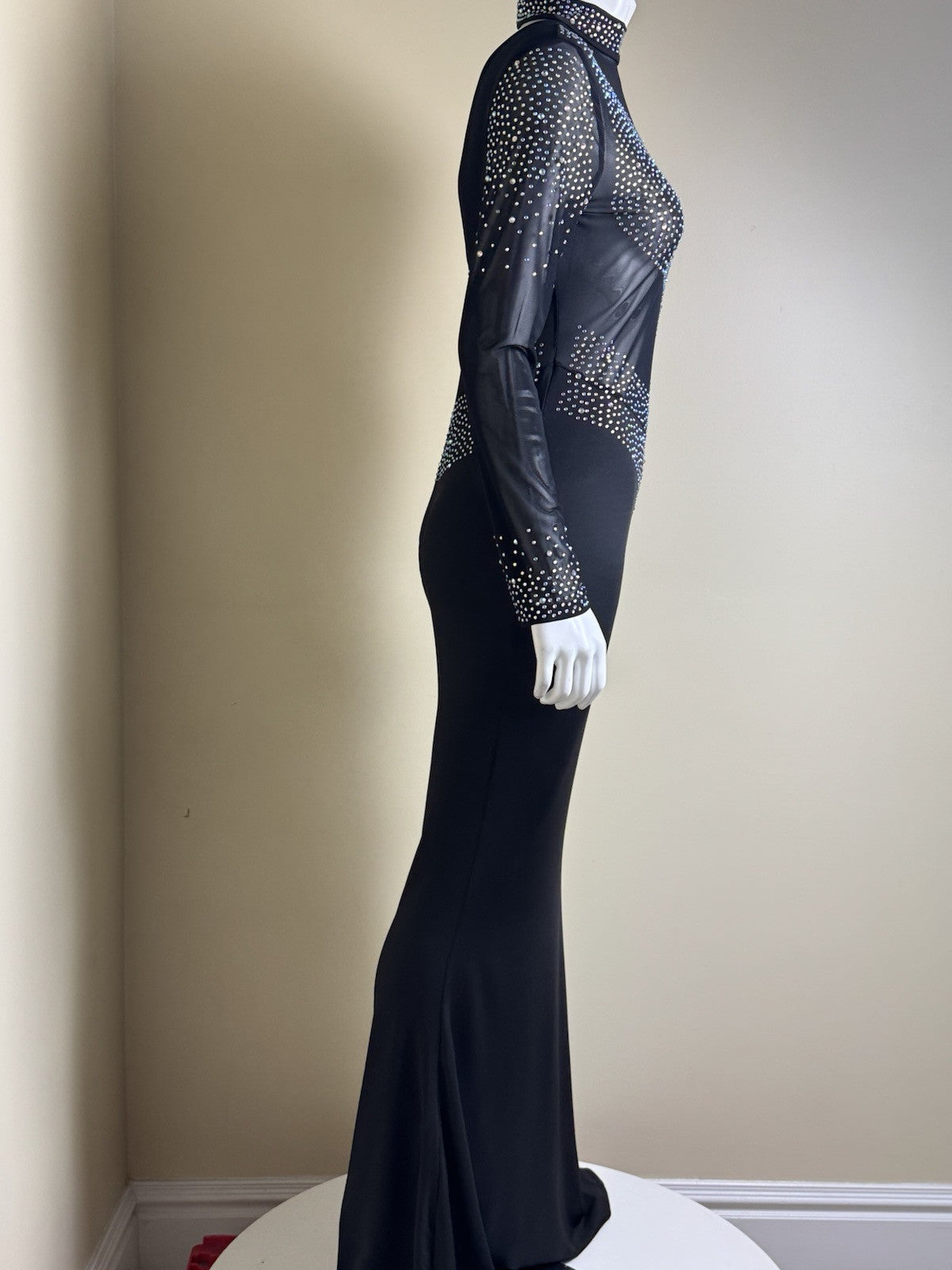 Rhinestone Maxi Dress Sheer Ball Gown Mesh Black Bodycon Sz XL.  (B.147)