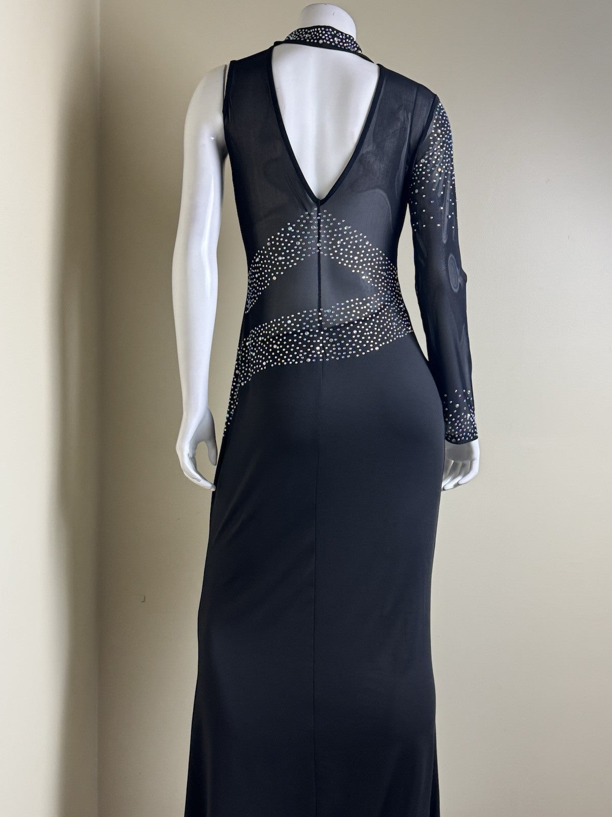 Rhinestone Maxi Dress Sheer Ball Gown Mesh Black Bodycon Sz XL.  (B.147)