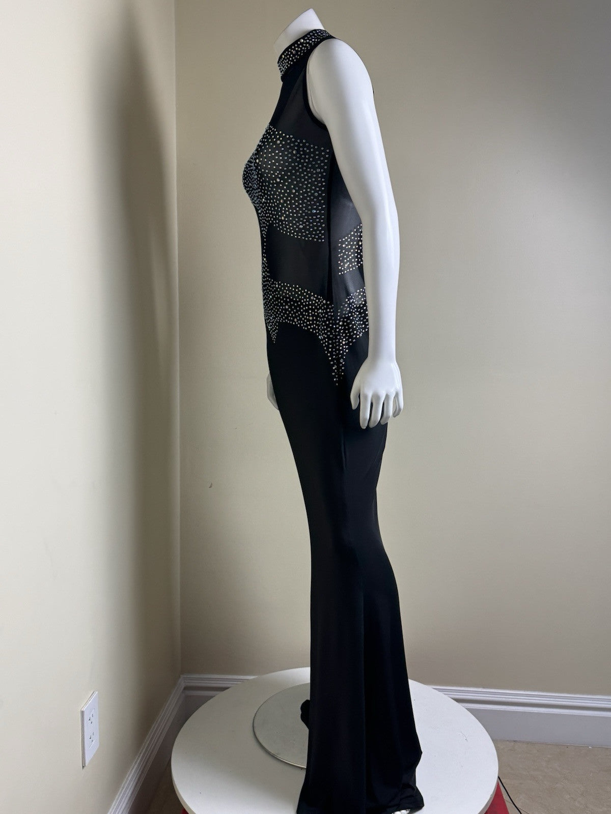 Rhinestone Maxi Dress Sheer Ball Gown Mesh Black Bodycon Sz XL.  (B.147)