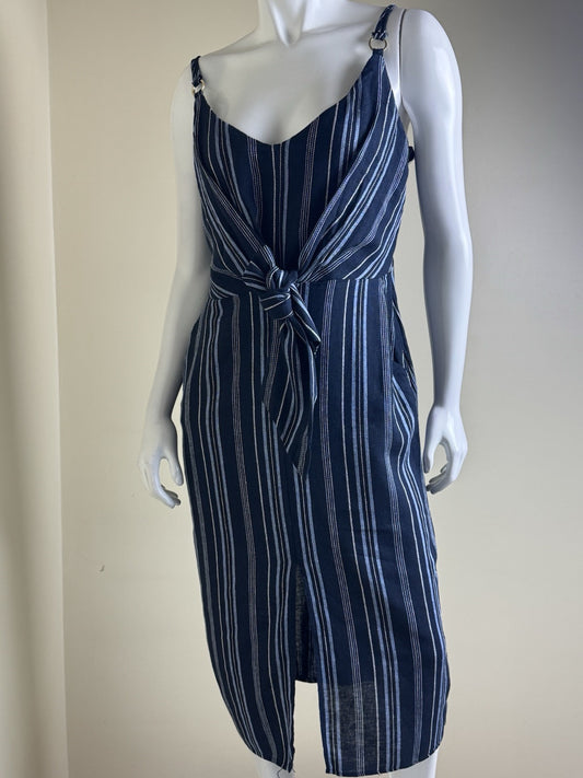 $129 Ellen Tracy Tie Front Linen Dress Navy White Stripe Sz L. (B.43)
