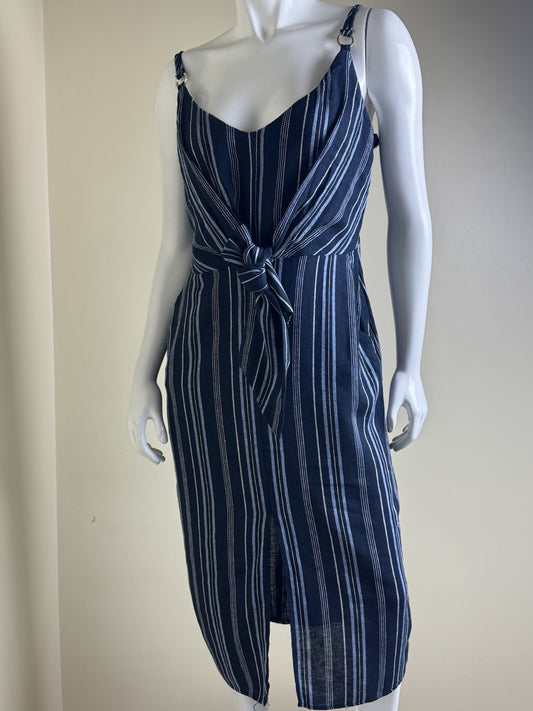 $129 Ellen Tracy Tie Front Linen Dress Navy White Stripe Sz S.     (B.43)
